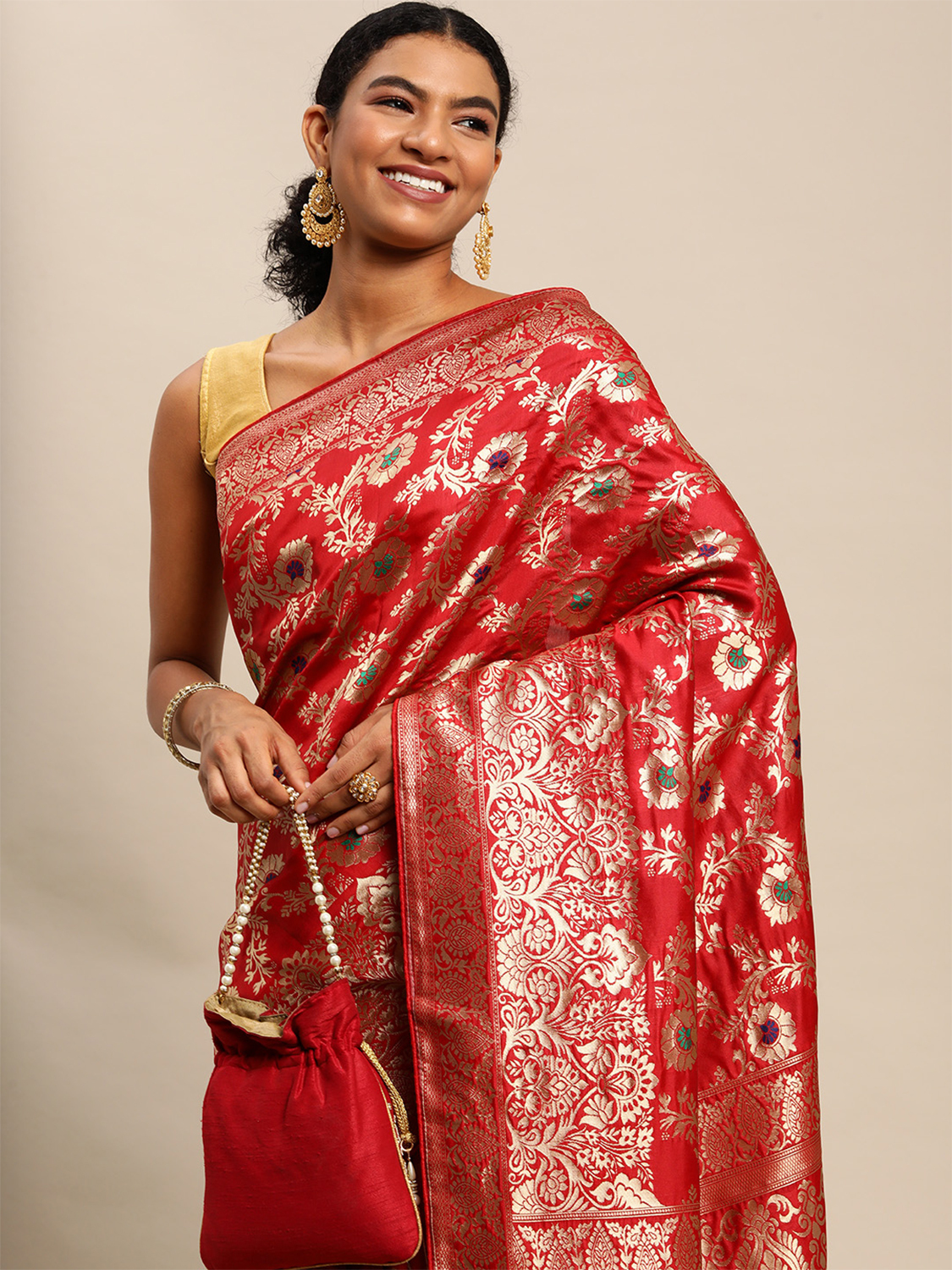 Silk Blend Golden Zari Saree - Color: Red