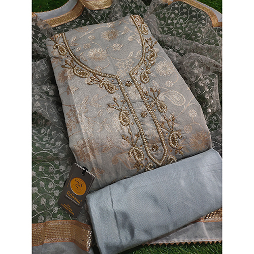 Chikan Grey Printed Dress Material - 100% Cotton, Lightweight Design | Attractive Embroidered Pattern, Washable, Suitable For All Seasons
