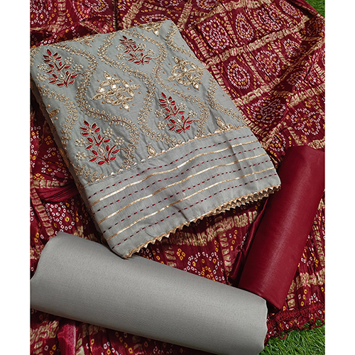 Chikan Grey Printed Dress Material - 100% Cotton, Lightweight Design | Attractive Embroidered Pattern, Washable, Suitable For All Seasons