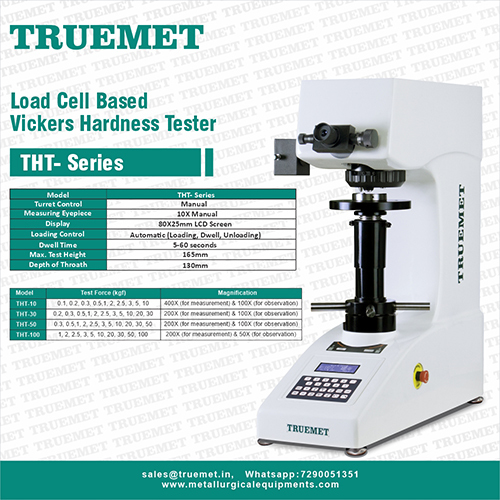 Load Cell Based Vickers Hardness Tester (Tht-series) - 585x200x630 Mm, 42 Kg | Halogen Illumination, 10x Manual Eyepiece, Lcd Display, Emergency Stop Switch
