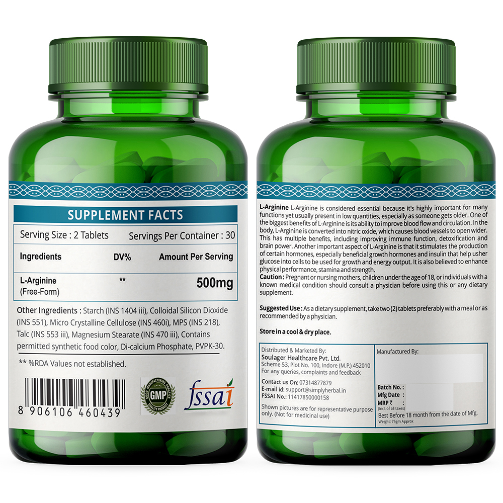 Simply Herbal L-arginine Tablets - 500 Mg Free-form Dosage, Supports Lean Muscle Gains & Nitric Oxide Production, Gluten-free & Non-gmo