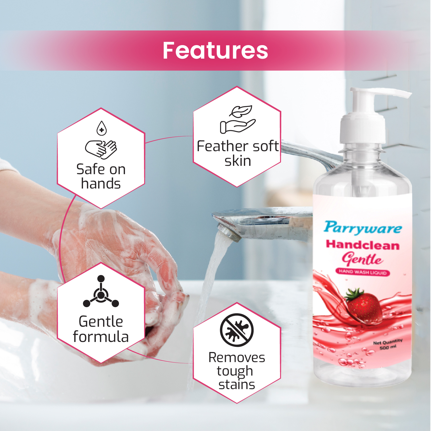 Parryware Handclean Gentle - Hand Wash Liquid Concentrate With Strawberry Extract 500ml Application: External Use