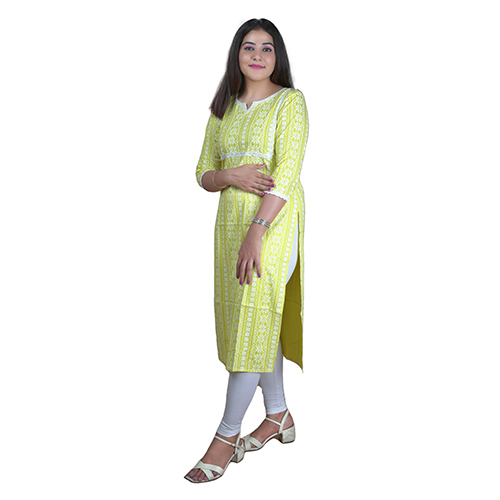 Ladies Cotton Kurti - 100% Cotton, Light Yellow Color | Modern Design, Washable For Daily Wear, Flattering Fit