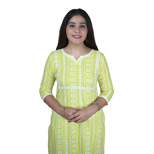 Ladies Cotton Kurti - 100% Cotton, Light Yellow Color | Modern Design, Washable For Daily Wear, Flattering Fit