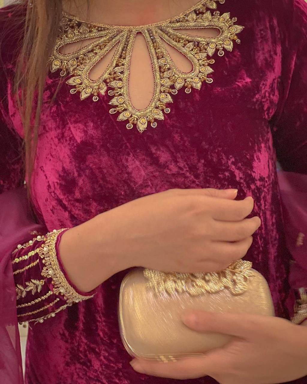 Stylish Kurti For Women - Georgette, Customized & Plus Size, Maroon Color, Full Sleeves, Embroidered Pattern, All Season Wear