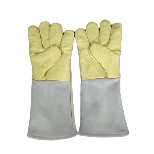 Kevlar Leather Hand Gloves - Kevlar & Split Leather, 14" Size, Yellow Color | Full Fingered, Woollen Lining, Heat Resistant Up to 450 Degrees, Quick Dry & Washable Features