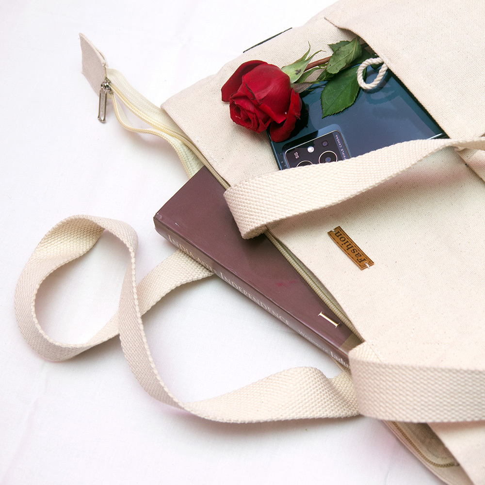 Canvas Tote Bag - 350 Gsm Fine Canvas, 15x14x3 Inches, Off White | Exclusive Design, 12 Inch Handle, Zip Closure, High Capacity