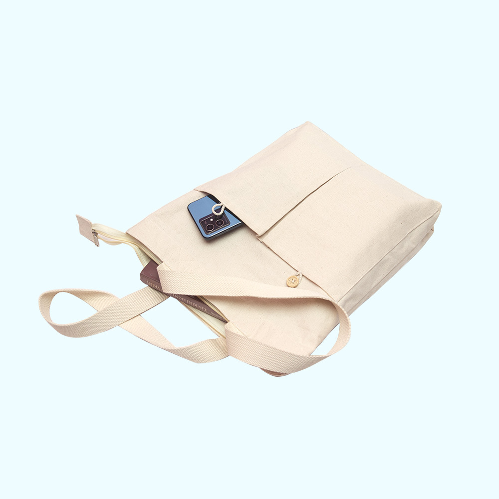 Canvas Tote Bag - 350 Gsm Fine Canvas, 15x14x3 Inches, Off White | Exclusive Design, 12 Inch Handle, Zip Closure, High Capacity