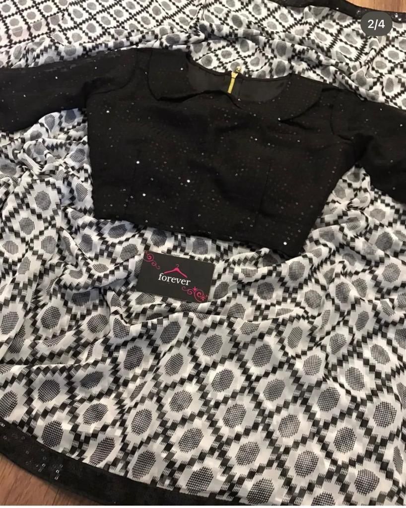 Georgette Saree - All Season, Black Color With Elegant Indian Print | Modern Design For Women