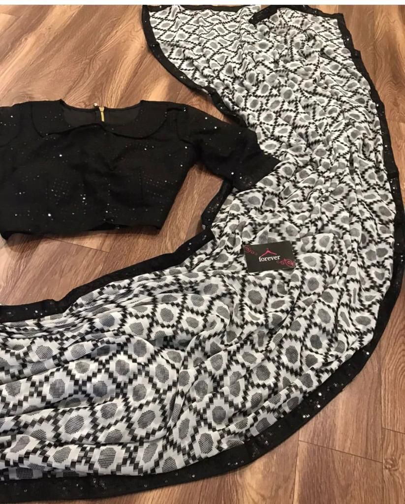 Georgette Saree - All Season, Black Color With Elegant Indian Print | Modern Design For Women