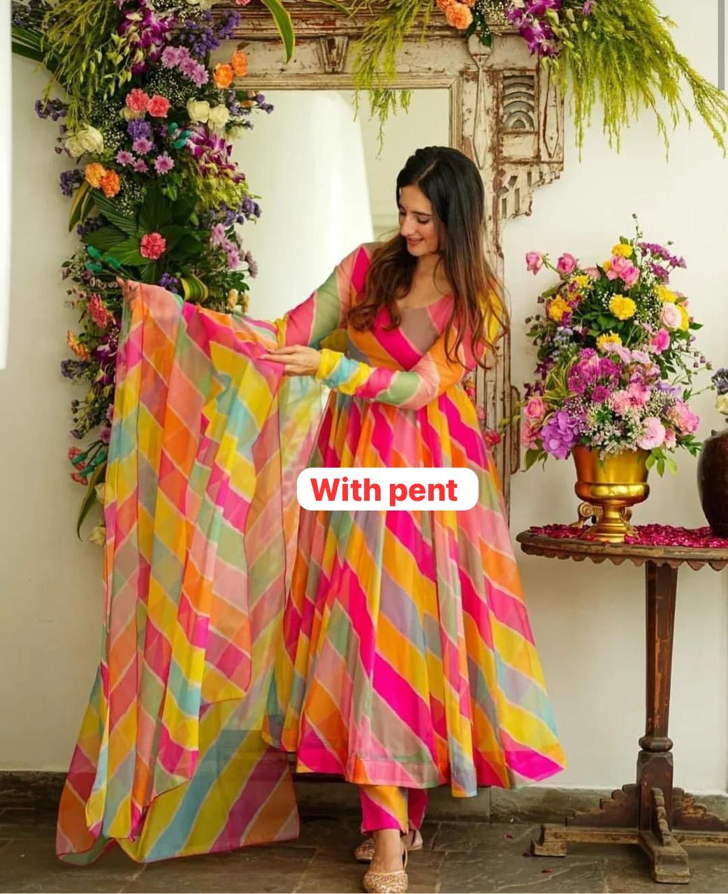 Lehariya Maxi Gown With Dupatta And Pant