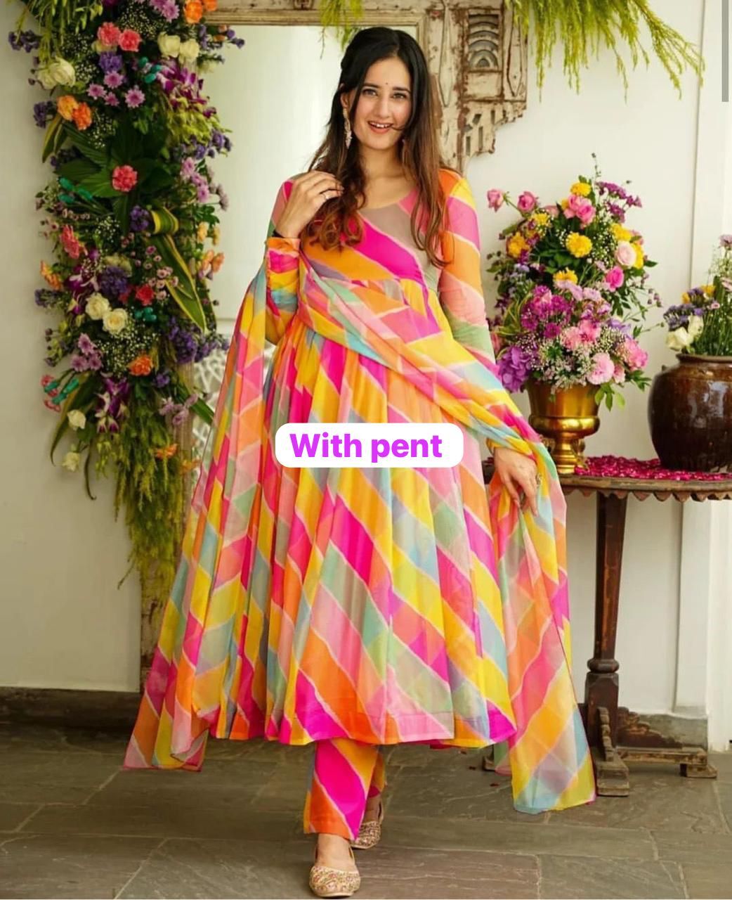 Lehariya Maxi Gown With Dupatta And Pant