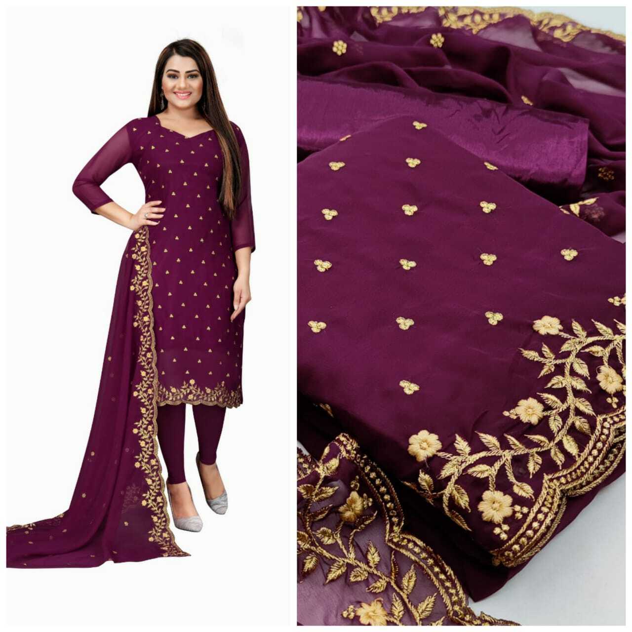 Heavy Georgette Dress Material - Georgette Fabric (1.90 M), Santoon Inner & Bottom (3.60 M), Dupatta With Border Work (2.10 M) | Embroidered, All Season, Washable, Custom Size, Short Sleeves