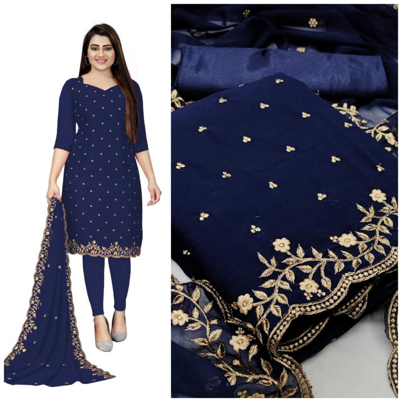 Heavy Georgette Dress Material - Georgette Fabric (1.90 M), Santoon Inner & Bottom (3.60 M), Dupatta With Border Work (2.10 M) | Embroidered, All Season, Washable, Custom Size, Short Sleeves