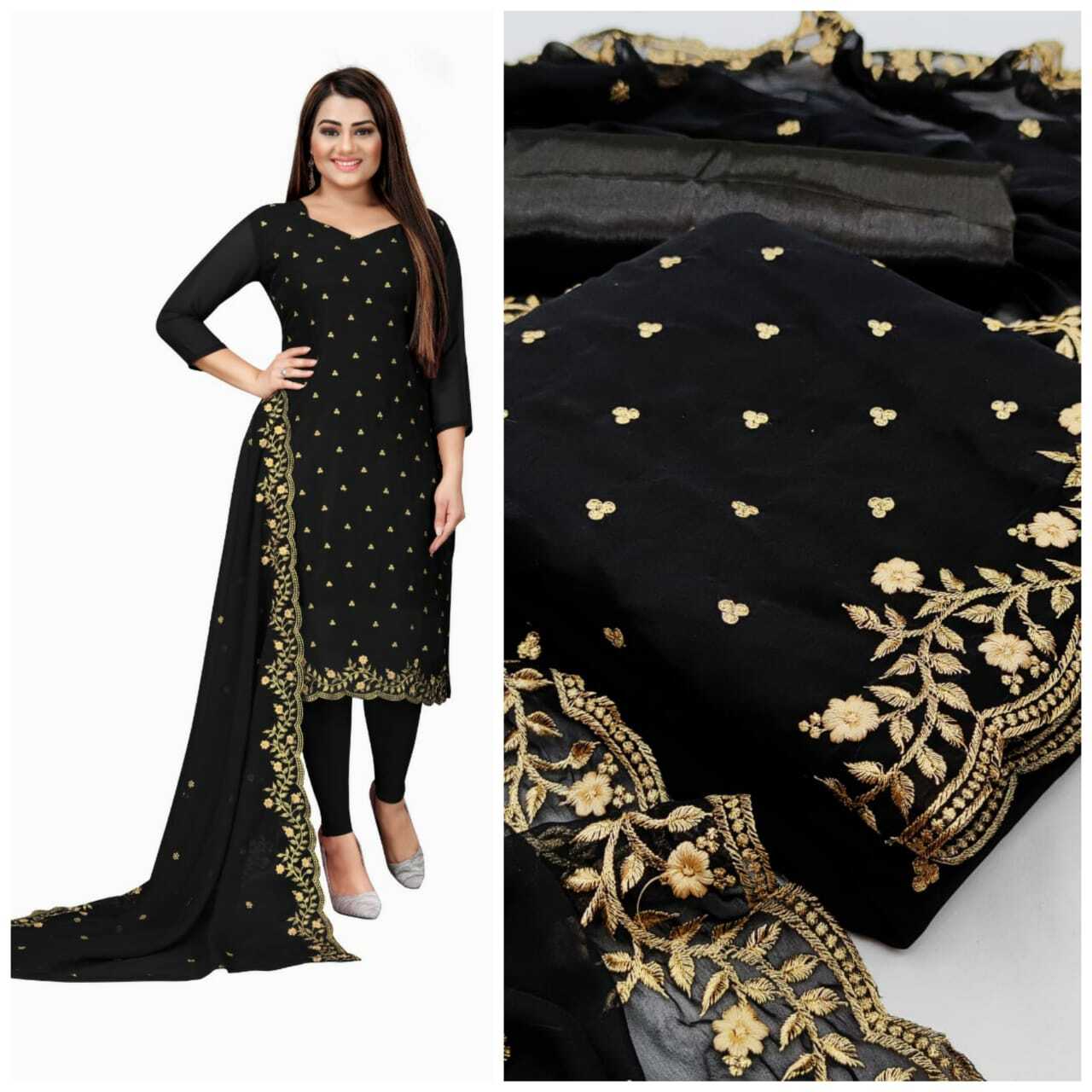 Heavy Georgette Dress Material - Georgette Fabric (1.90 M), Santoon Inner & Bottom (3.60 M), Dupatta With Border Work (2.10 M) | Embroidered, All Season, Washable, Custom Size, Short Sleeves