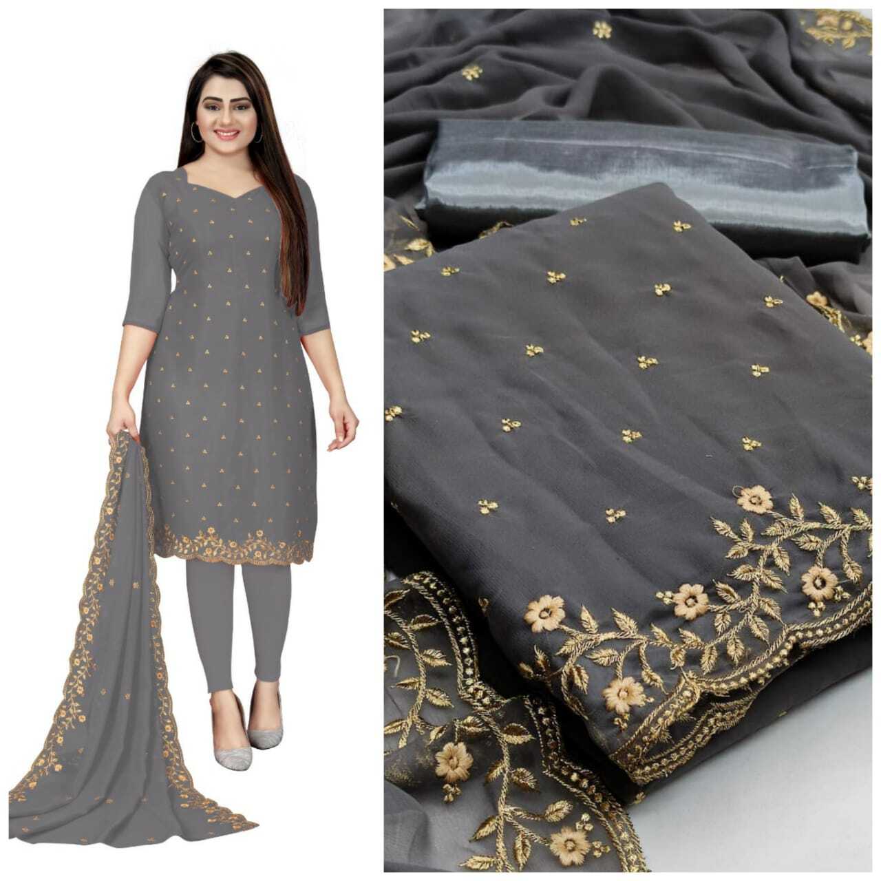 Heavy Georgette Dress Material - Georgette Fabric (1.90 M), Santoon Inner & Bottom (3.60 M), Dupatta With Border Work (2.10 M) | Embroidered, All Season, Washable, Custom Size, Short Sleeves