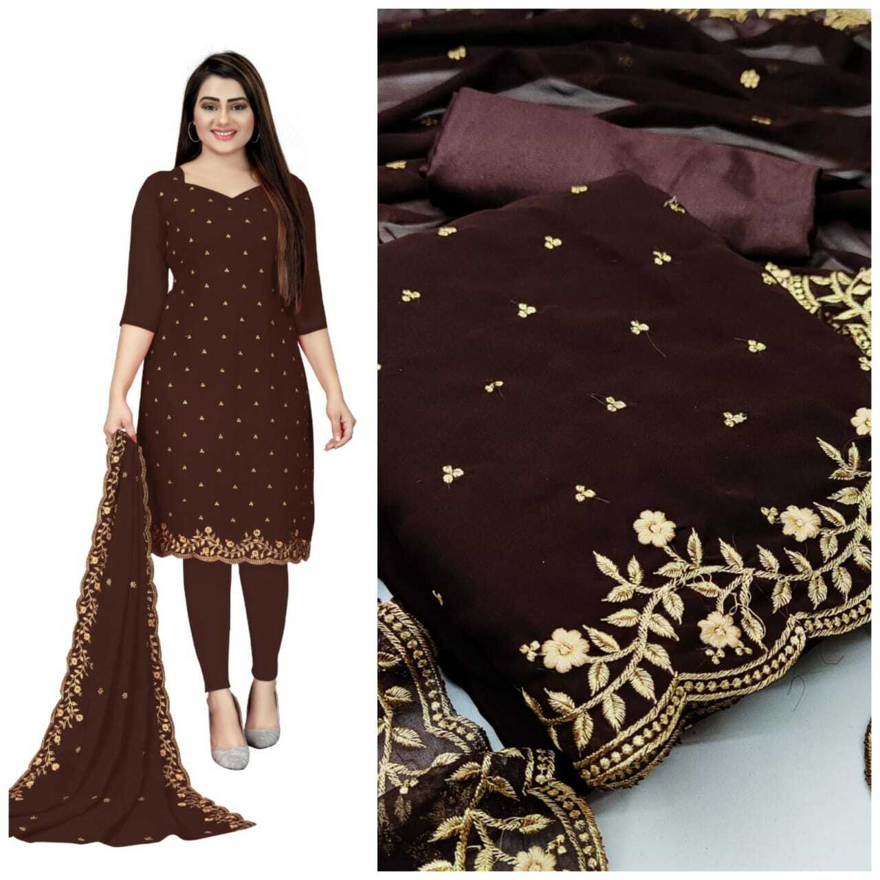 Heavy Georgette Dress Material - Georgette Fabric (1.90 M), Santoon Inner & Bottom (3.60 M), Dupatta With Border Work (2.10 M) | Embroidered, All Season, Washable, Custom Size, Short Sleeves