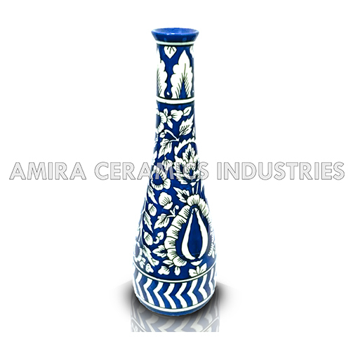 Table Vases - Handcrafted Ceramic, 12x8 Inches, Bright Blue With Intricate Indian Hand-painted Motifs | Unique Regional Style, Artisan Finish