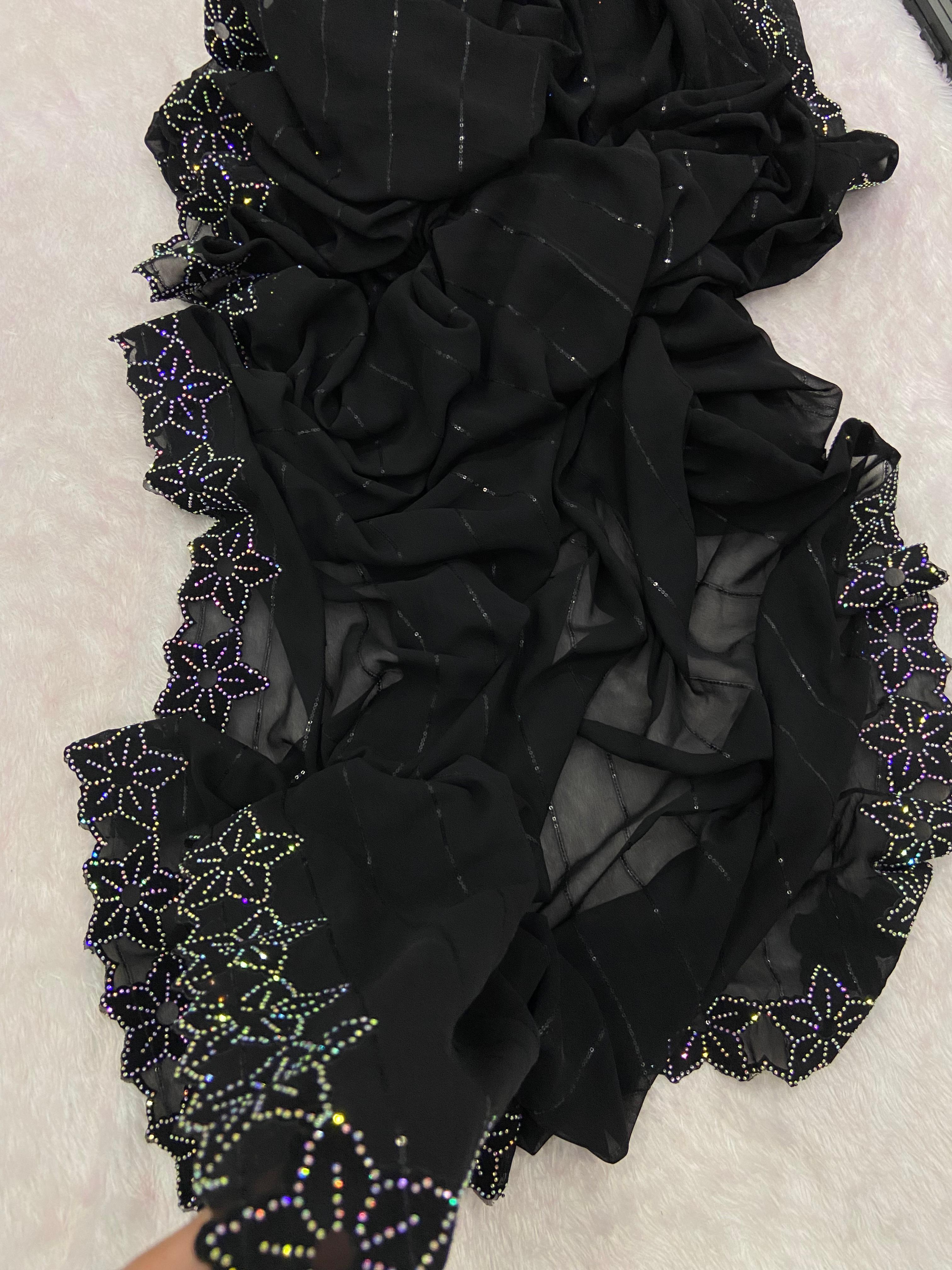 Heavy Blooming Georgette Saree - 5.5 Meters, Black Color | Comfortable Fit, Elegant Design, Gorgeous Drape, Intricate Floral Embroidery, Party Wear