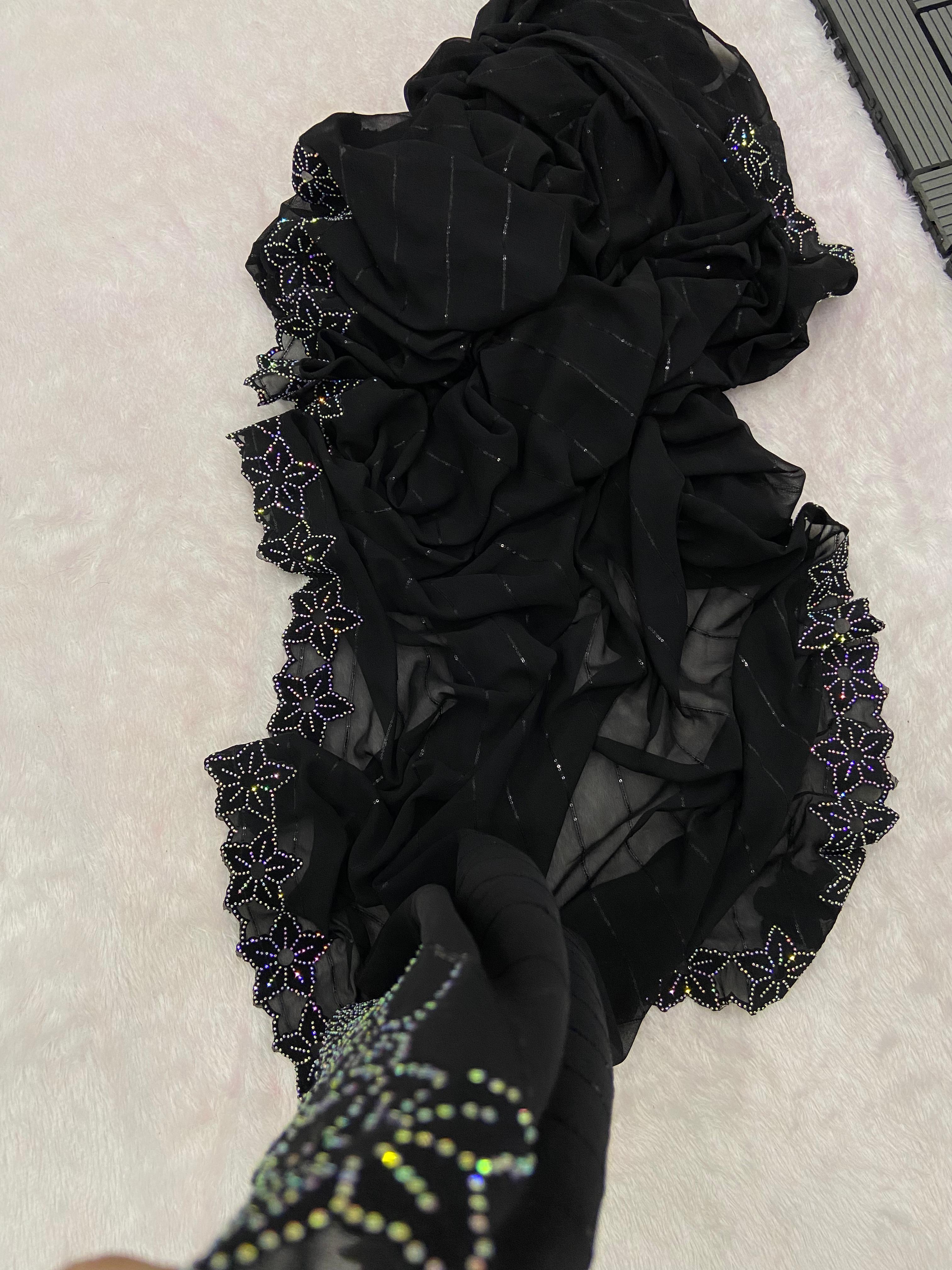 Heavy Blooming Georgette Saree - 5.5 Meters, Black Color | Comfortable Fit, Elegant Design, Gorgeous Drape, Intricate Floral Embroidery, Party Wear