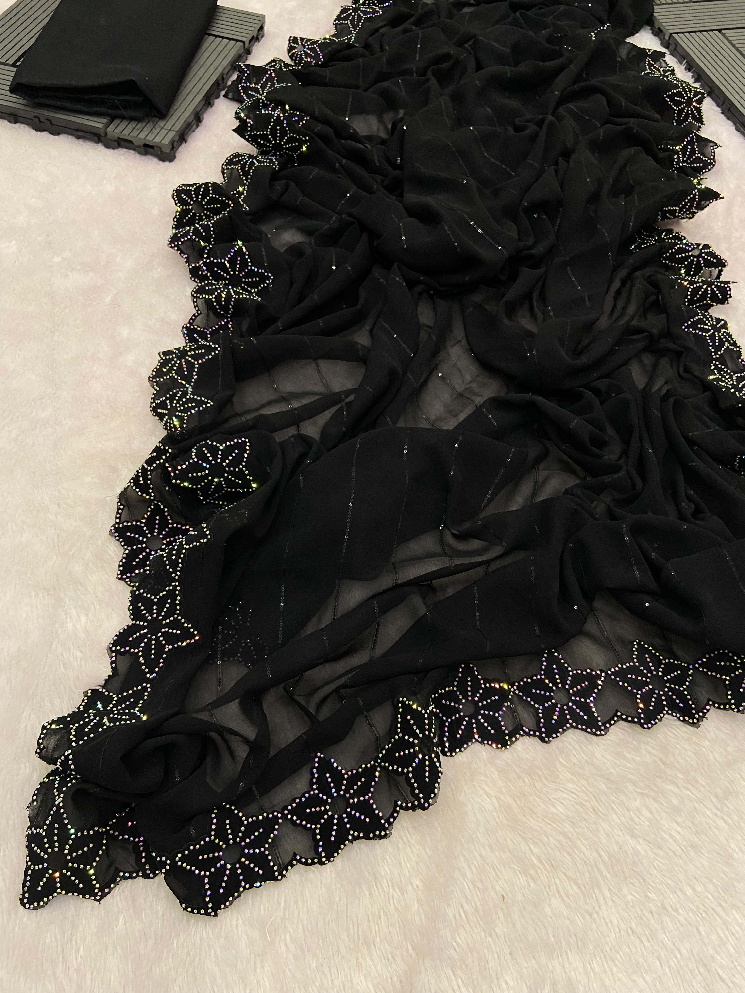 Heavy Blooming Georgette Saree - 5.5 Meters, Black Color | Comfortable Fit, Elegant Design, Gorgeous Drape, Intricate Floral Embroidery, Party Wear