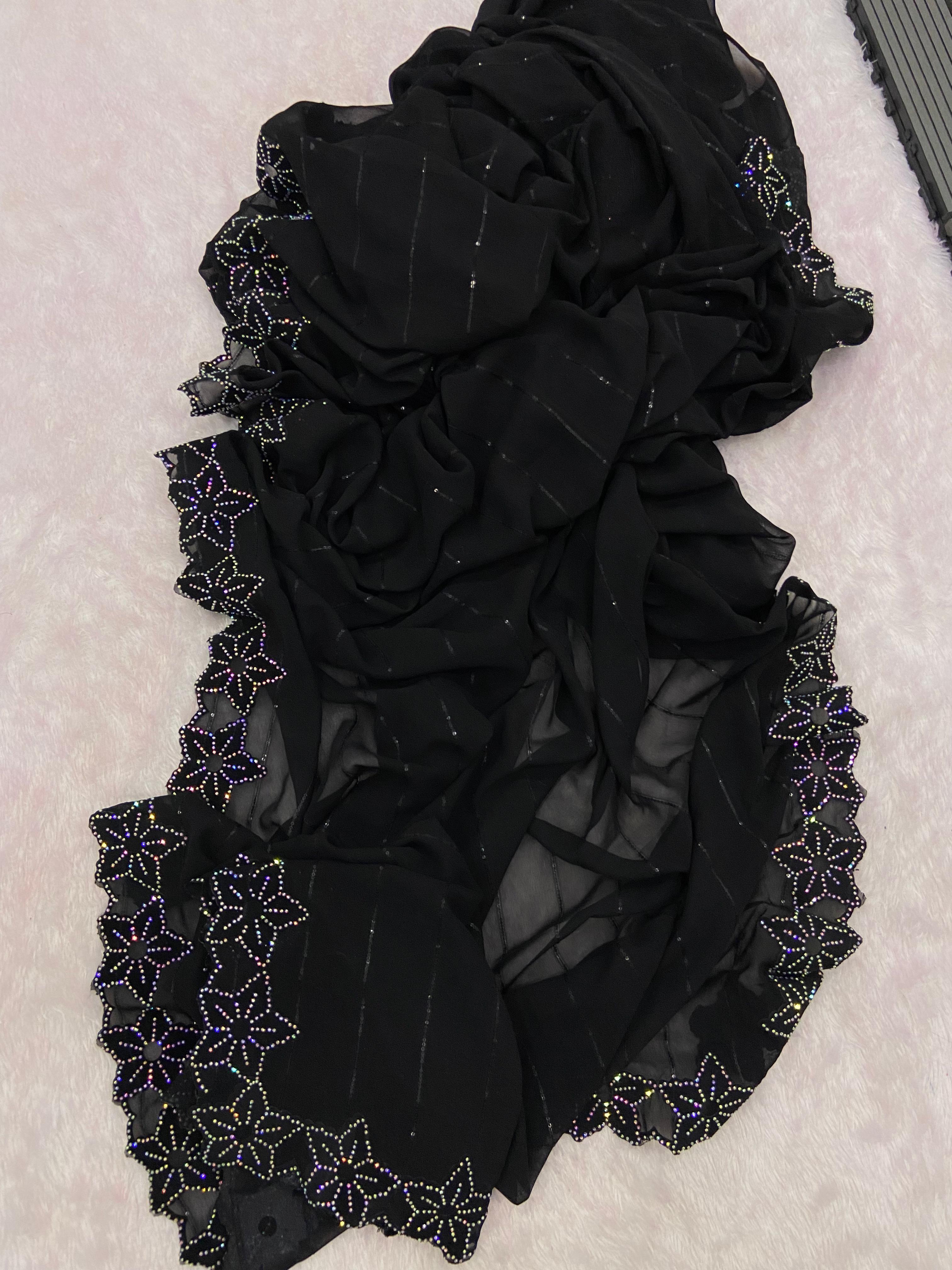 Heavy Blooming Georgette Saree - 5.5 Meters, Black Color | Comfortable Fit, Elegant Design, Gorgeous Drape, Intricate Floral Embroidery, Party Wear