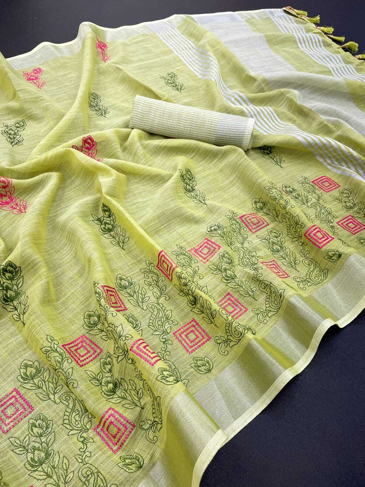 Linen Saree - 5.5 Meters X 1.1 Meters, Pink | Handcrafted Embroidery, Soft Fabric, Elegant Design, Breathable, Durable, Stylish Look, Comfortable Wear
