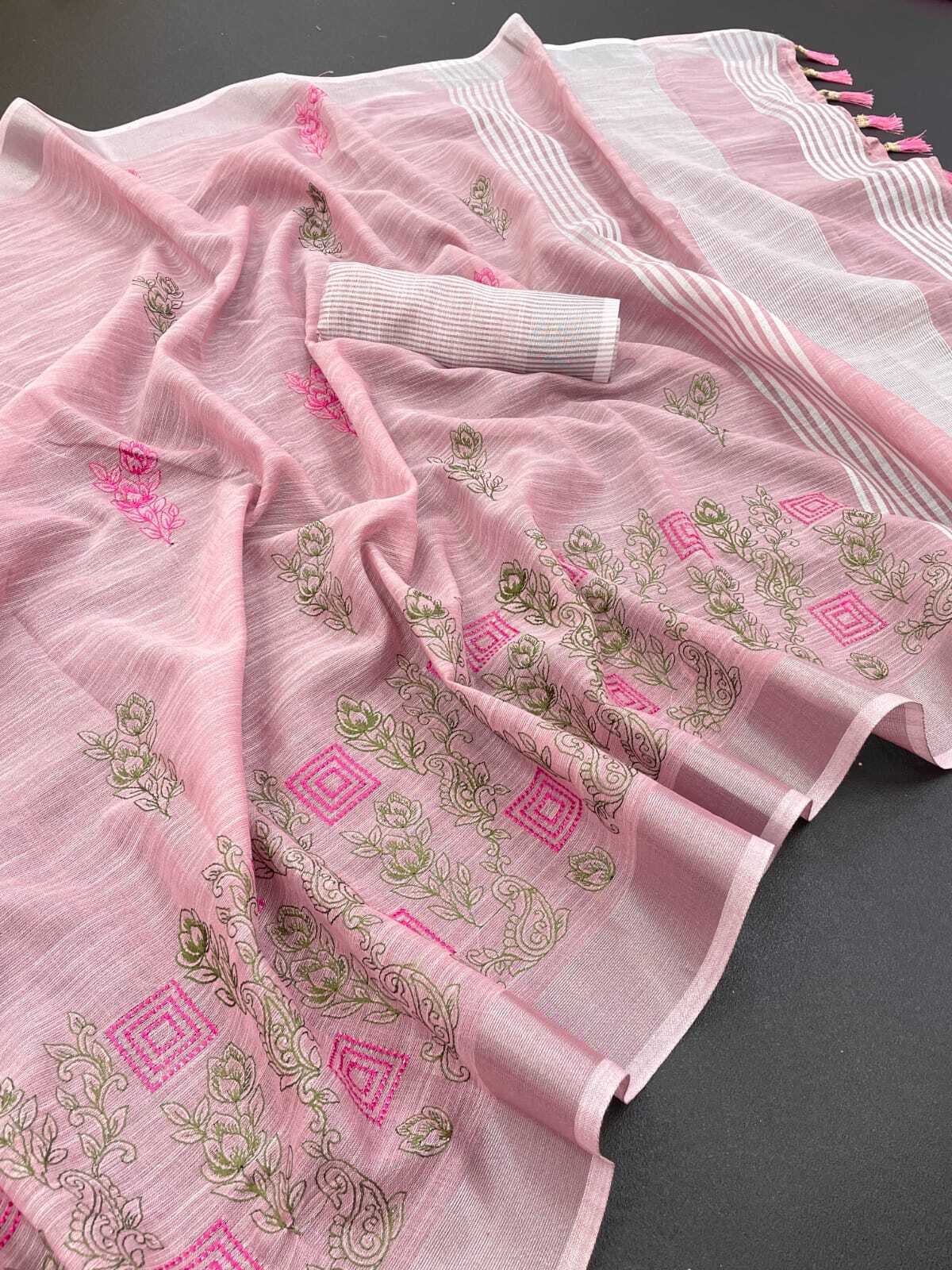 Linen Saree - 5.5 Meters X 1.1 Meters, Pink | Handcrafted Embroidery, Soft Fabric, Elegant Design, Breathable, Durable, Stylish Look, Comfortable Wear