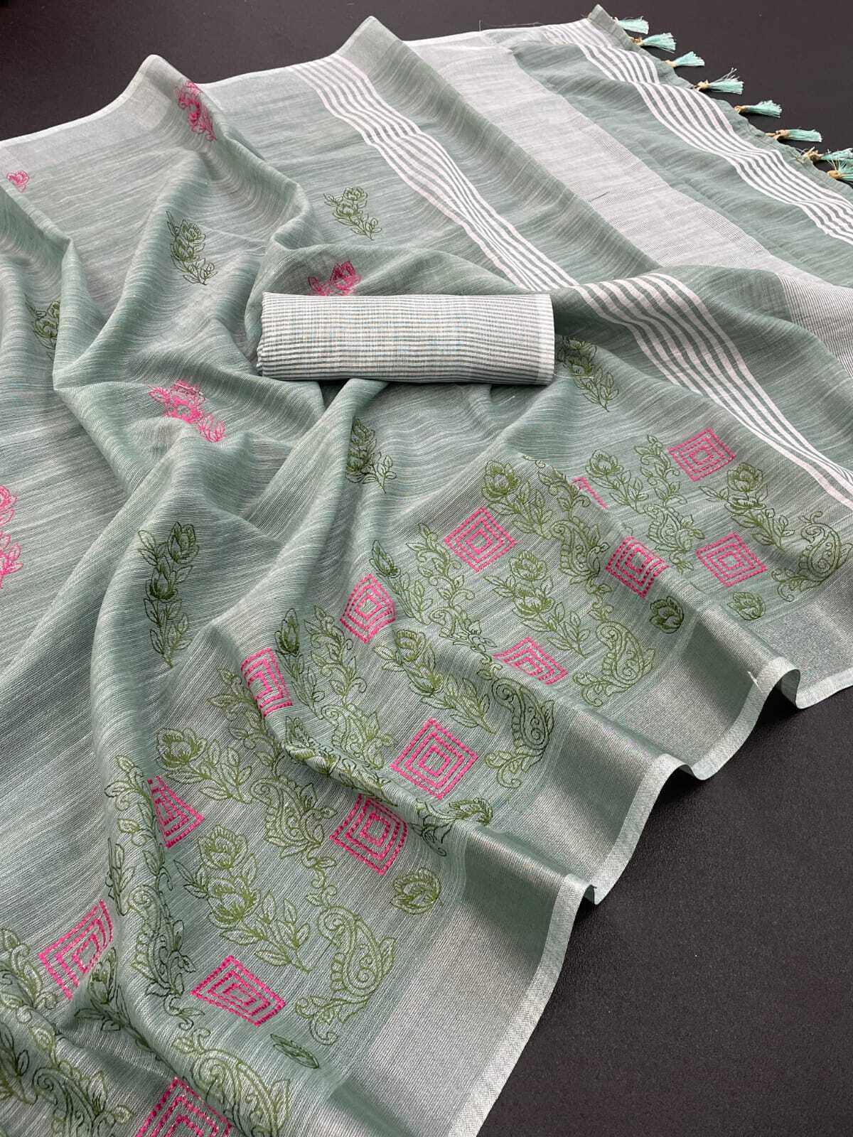 Linen Saree - 5.5 Meters X 1.1 Meters, Pink | Handcrafted Embroidery, Soft Fabric, Elegant Design, Breathable, Durable, Stylish Look, Comfortable Wear