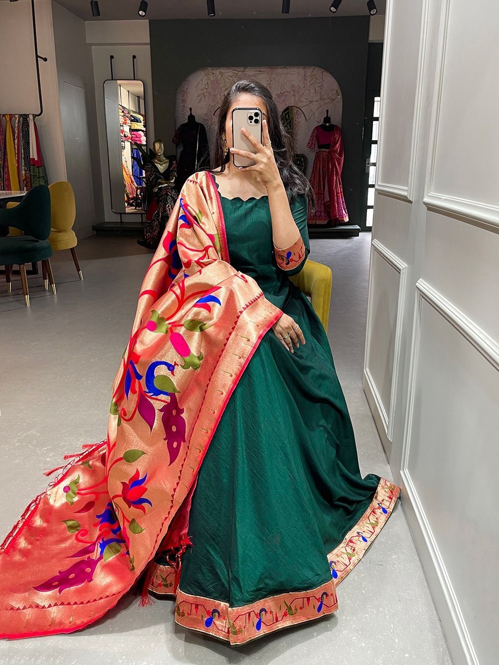 Treditional Gowns - Chinon Fabric Gown 56" Length, 40" Chest, 38" Waist, 16" Sleeve | Elegant Design, Zari Weaving, Stylish Jacquard Dupatta 2.5 Meter