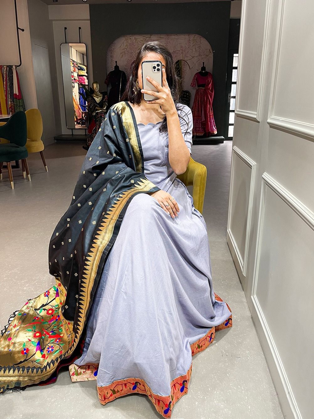 Treditional Gowns - Chinon Fabric Gown 56" Length, 40" Chest, 38" Waist, 16" Sleeve | Elegant Design, Zari Weaving, Stylish Jacquard Dupatta 2.5 Meter