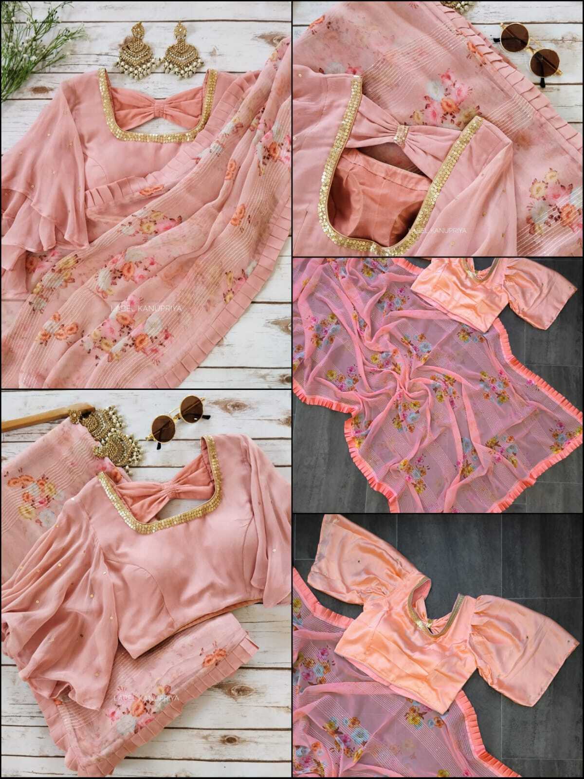 Party Wear Saree - Satin Silk, 5.50 Mtr Length, 0.80 Mtr Blouse, Pink Color, Digital Print With Pleated Ruffle Border, Elegant Design, Soft Fabric
