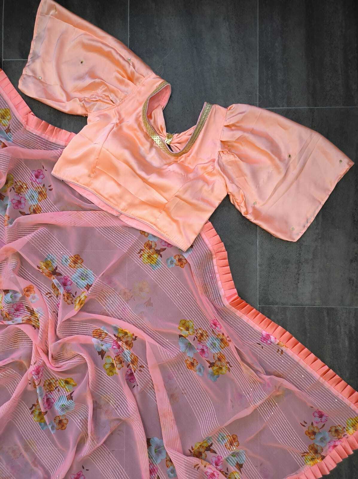 Party Wear Saree - Satin Silk, 5.50 Mtr Length, 0.80 Mtr Blouse, Pink Color, Digital Print With Pleated Ruffle Border, Elegant Design, Soft Fabric