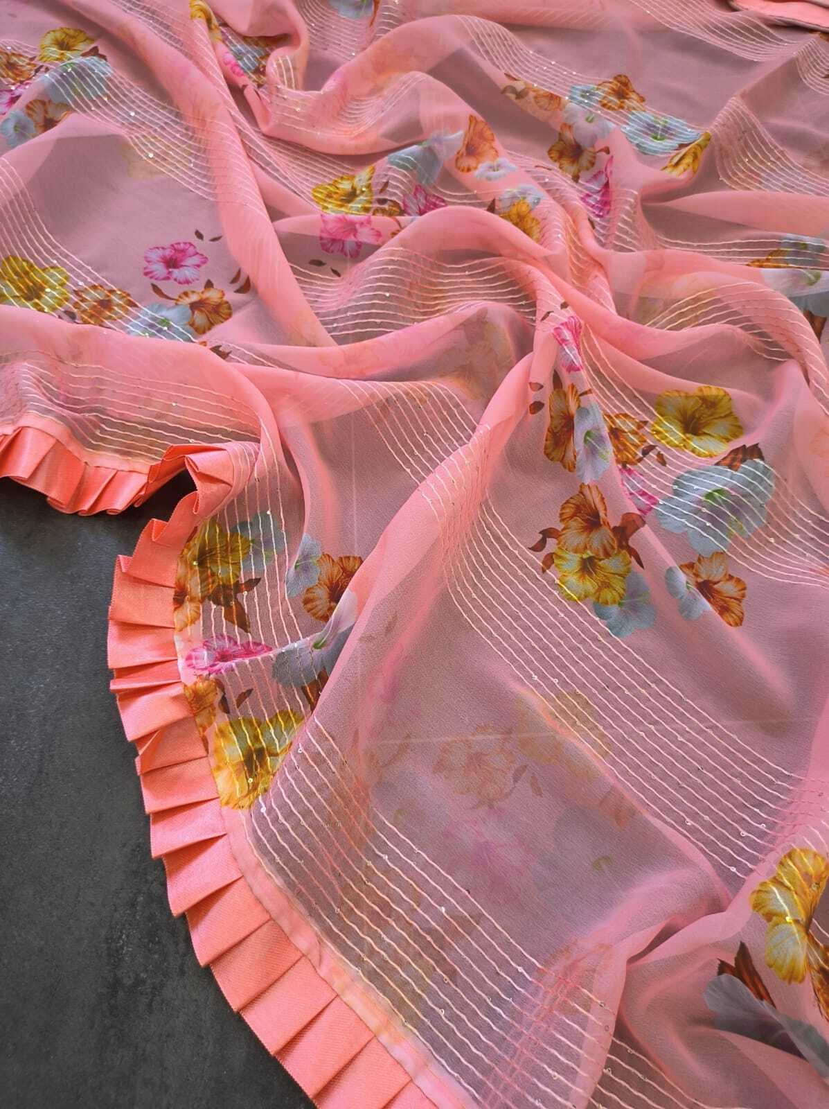 Party Wear Saree - Satin Silk, 5.50 Mtr Length, 0.80 Mtr Blouse, Pink Color, Digital Print With Pleated Ruffle Border, Elegant Design, Soft Fabric