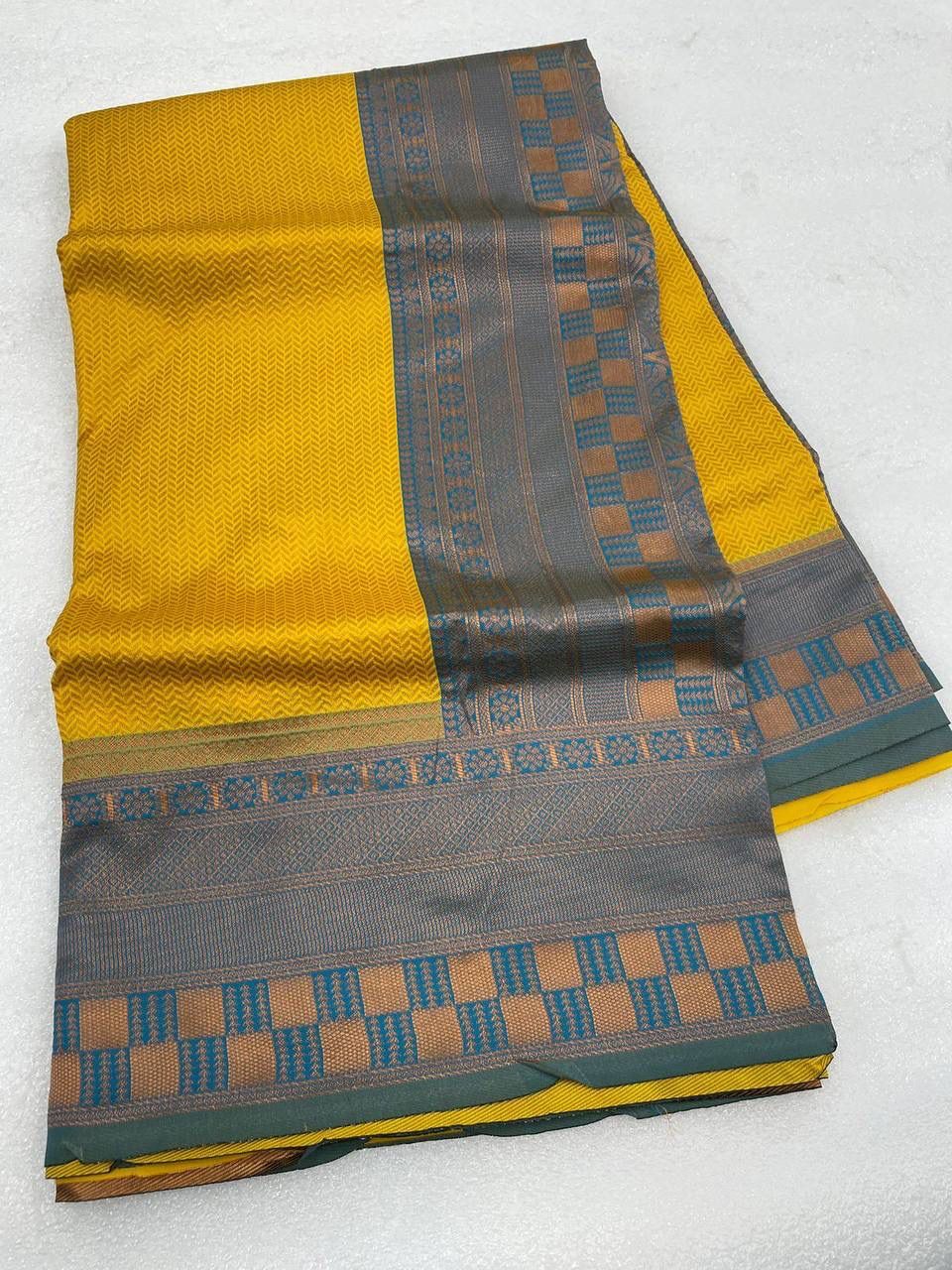 Pure Banarasi Silk Saree - 5.50 Mtr Length, Brilliant Yellow With Firozi Color, Heavy Brocade Blouse | Color-fast, Lightweight, Skin-friendly, Trendy