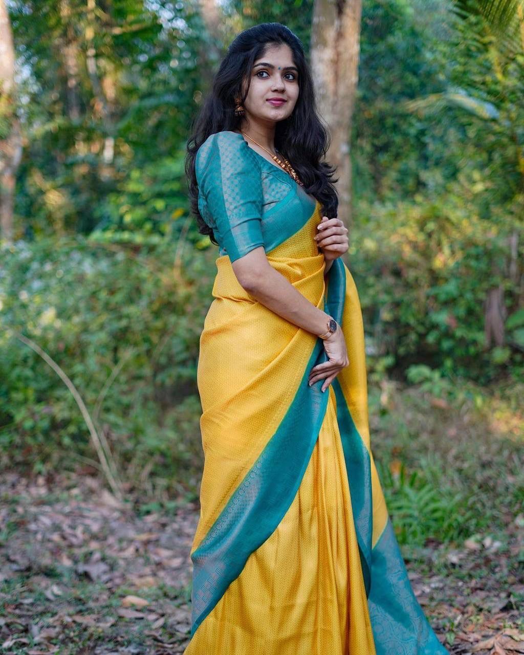 Pure Banarasi Silk Saree - 5.50 Mtr Length, Brilliant Yellow With Firozi Color, Heavy Brocade Blouse | Color-fast, Lightweight, Skin-friendly, Trendy