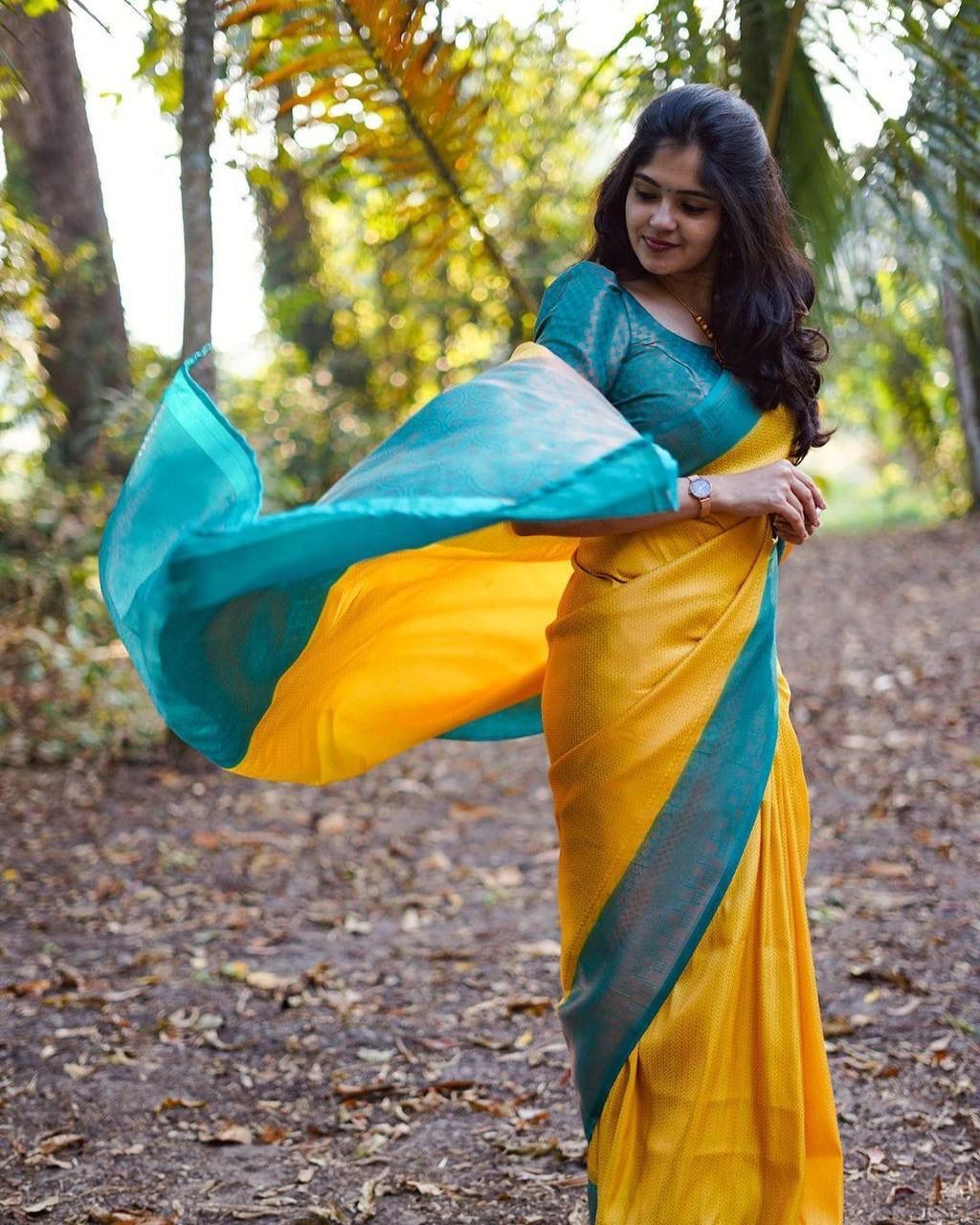 Pure Banarasi Silk Saree - 5.50 Mtr Length, Brilliant Yellow With Firozi Color, Heavy Brocade Blouse | Color-fast, Lightweight, Skin-friendly, Trendy