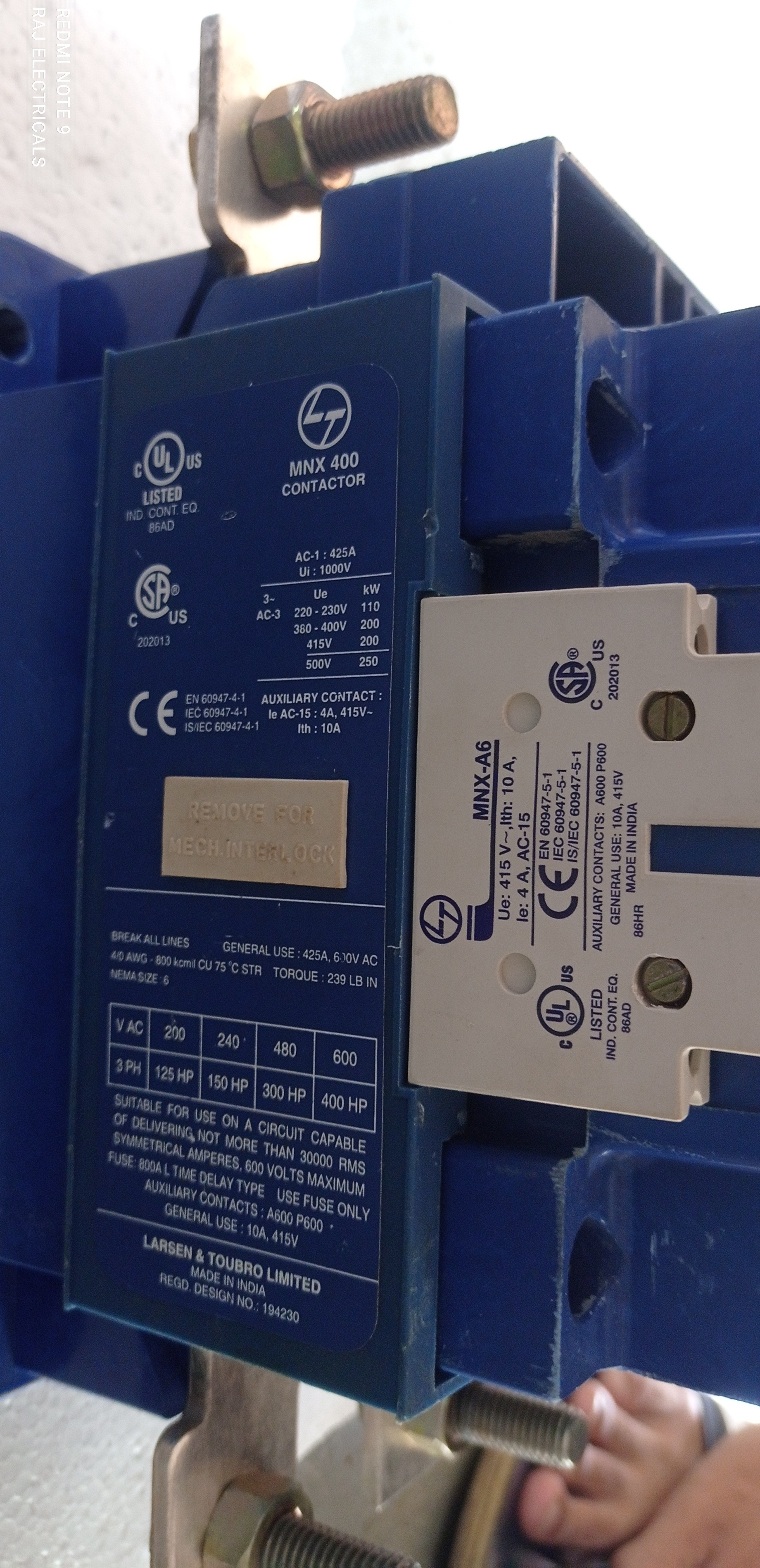 Lt Mnx-400 Contactor - Electric Contactor, 3-pole, 400a, 2no + 2nc Auxiliary Contacts, 220v Ac, 50-60hz, Refurbished Quality