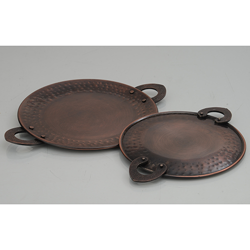 Copper Serving Tawa - Round, Various Sizes Available | Matt-Glossy Finish, Cool-to-Touch Brass Handles, Ideal for Tandoori Dishes
