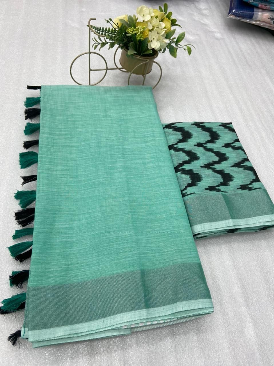 Stylish Linen Saree - 5.50 Mtr Length, 0.80 Mtr Blouse, Light Blue Color, Ikat Design | Handcrafted, Silver Lining Pallu, Comfortable And Elegant