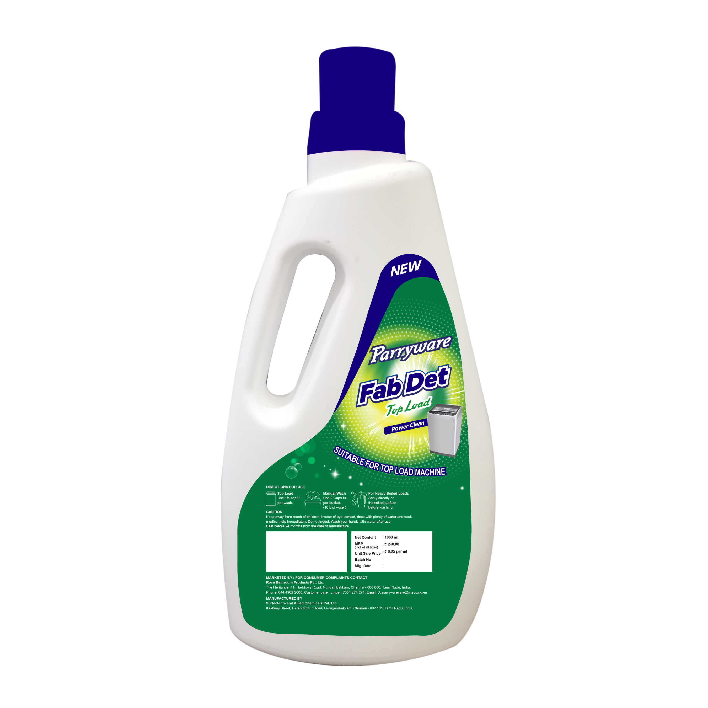 Parryware Fab Det Liquid Detergent For Top Load Washing Machine Liquid 1l Pack - 1000ml, Blue Color, Apeo/npeo Free, Effective Stain Remover, Residue-free