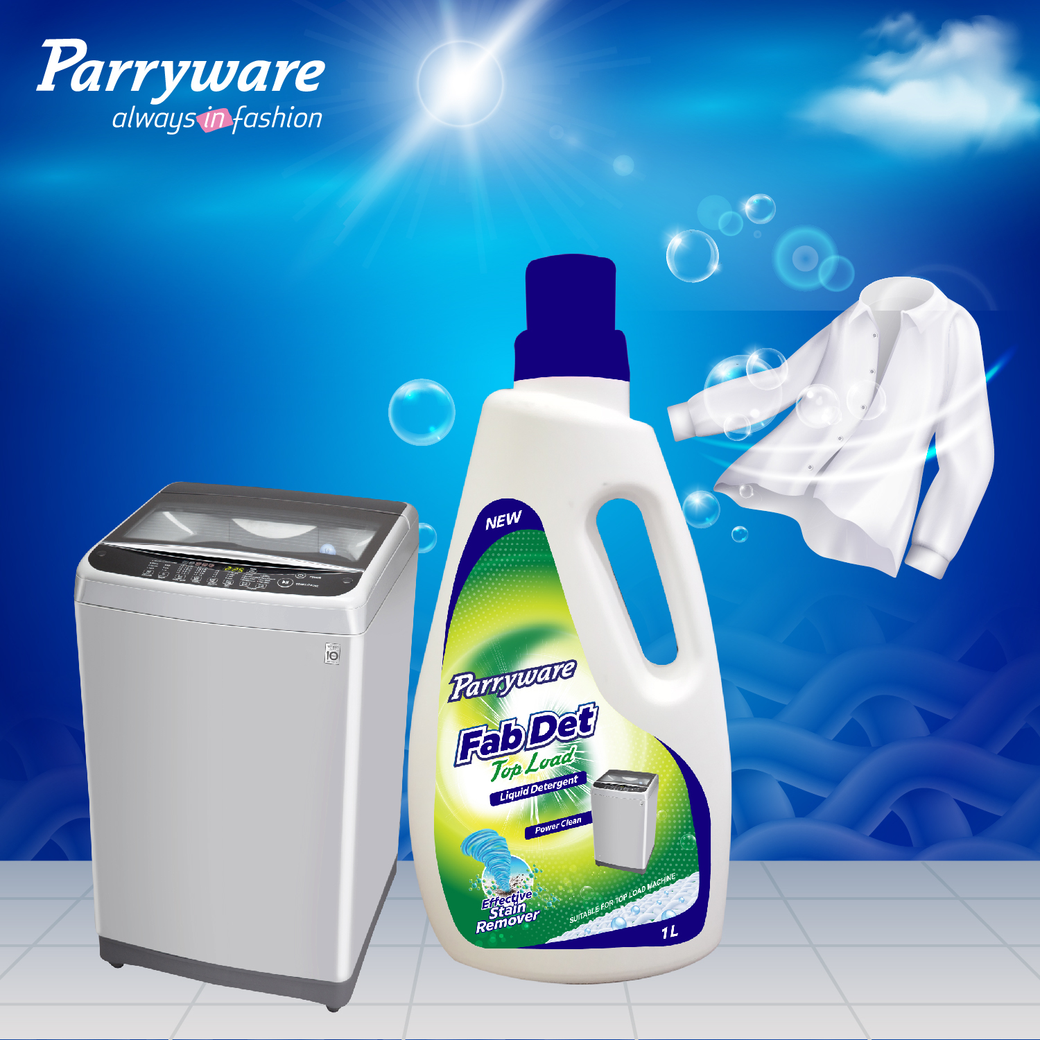 Parryware Fab Det Liquid Detergent For Top Load Washing Machine Liquid 1l Pack - 1000ml, Blue Color, Apeo/npeo Free, Effective Stain Remover, Residue-free