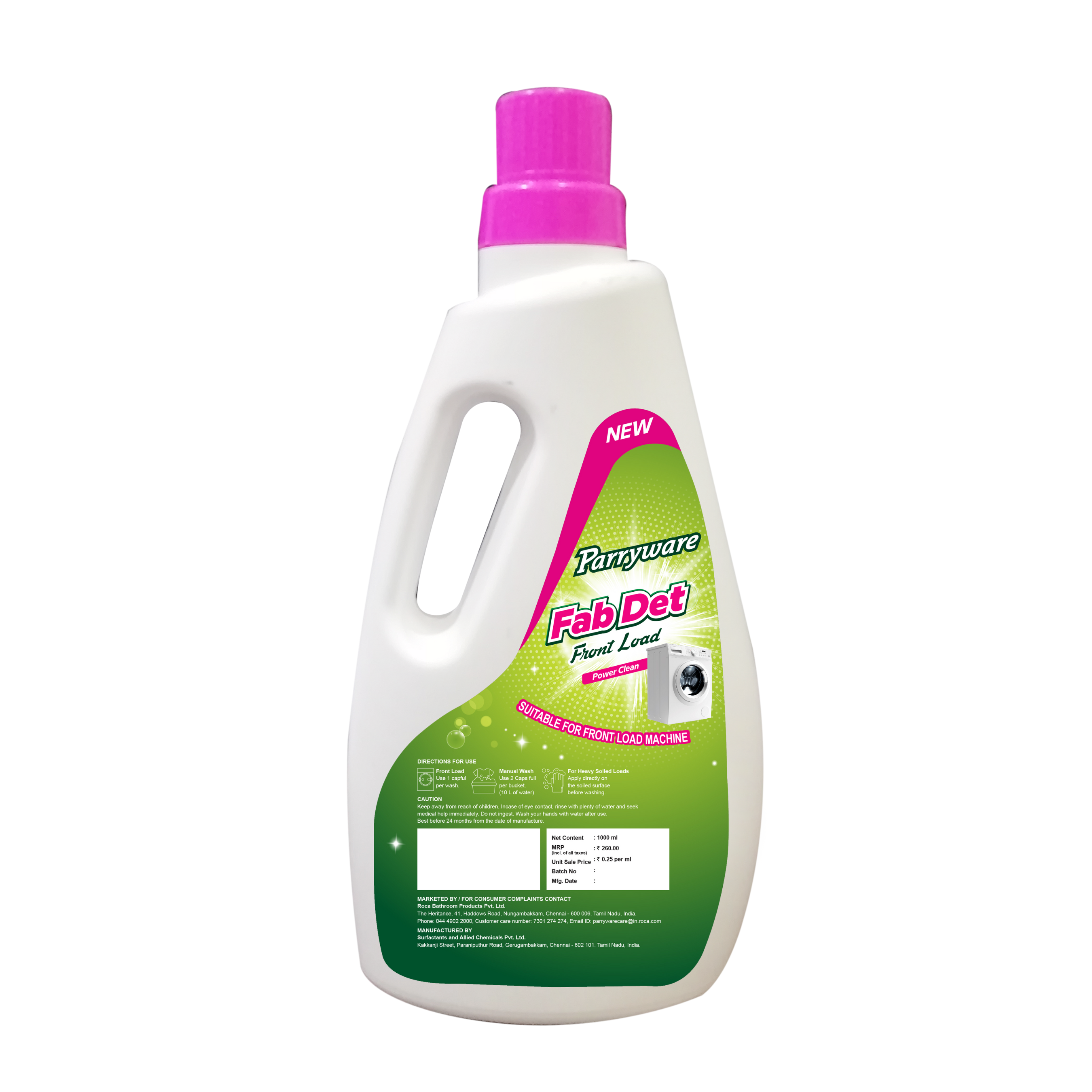 Blue Parryware Fab Det Liquid Detergent For Front Load Washing Machine 1l Pack