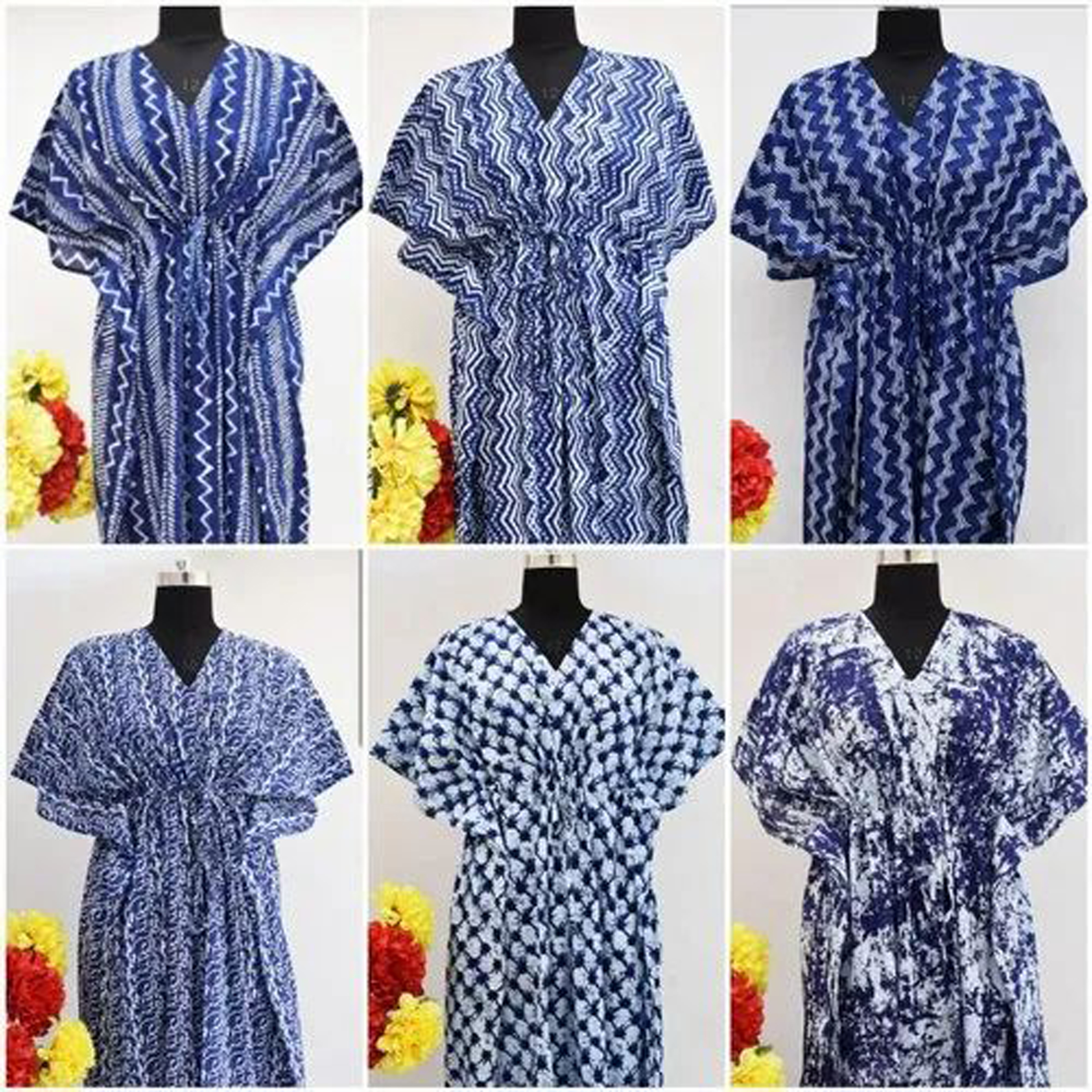 Indigo Blue Kaftan - 100% Cotton, Length 48-50 Inches, Floral Print , V Shape Neck, Adjustable Drawstring Waist, Short Sleeves, All Season Wear