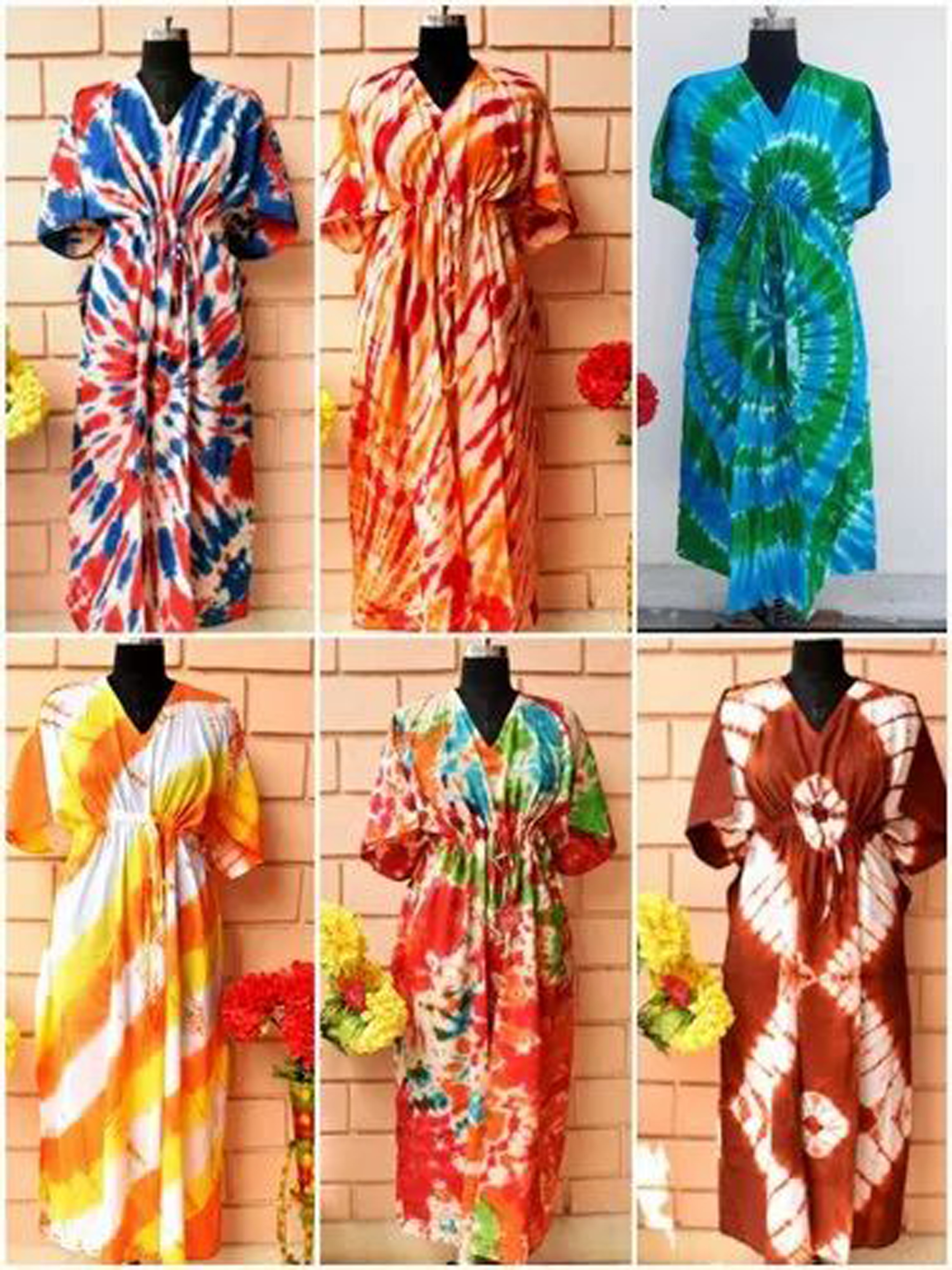 Tie Dye Kaftan - 100% Cotton, Length 44-52 Inches | Adjustable Drawstring Waist, V Shape Neck, Multi-purpose Ethnic Wear
