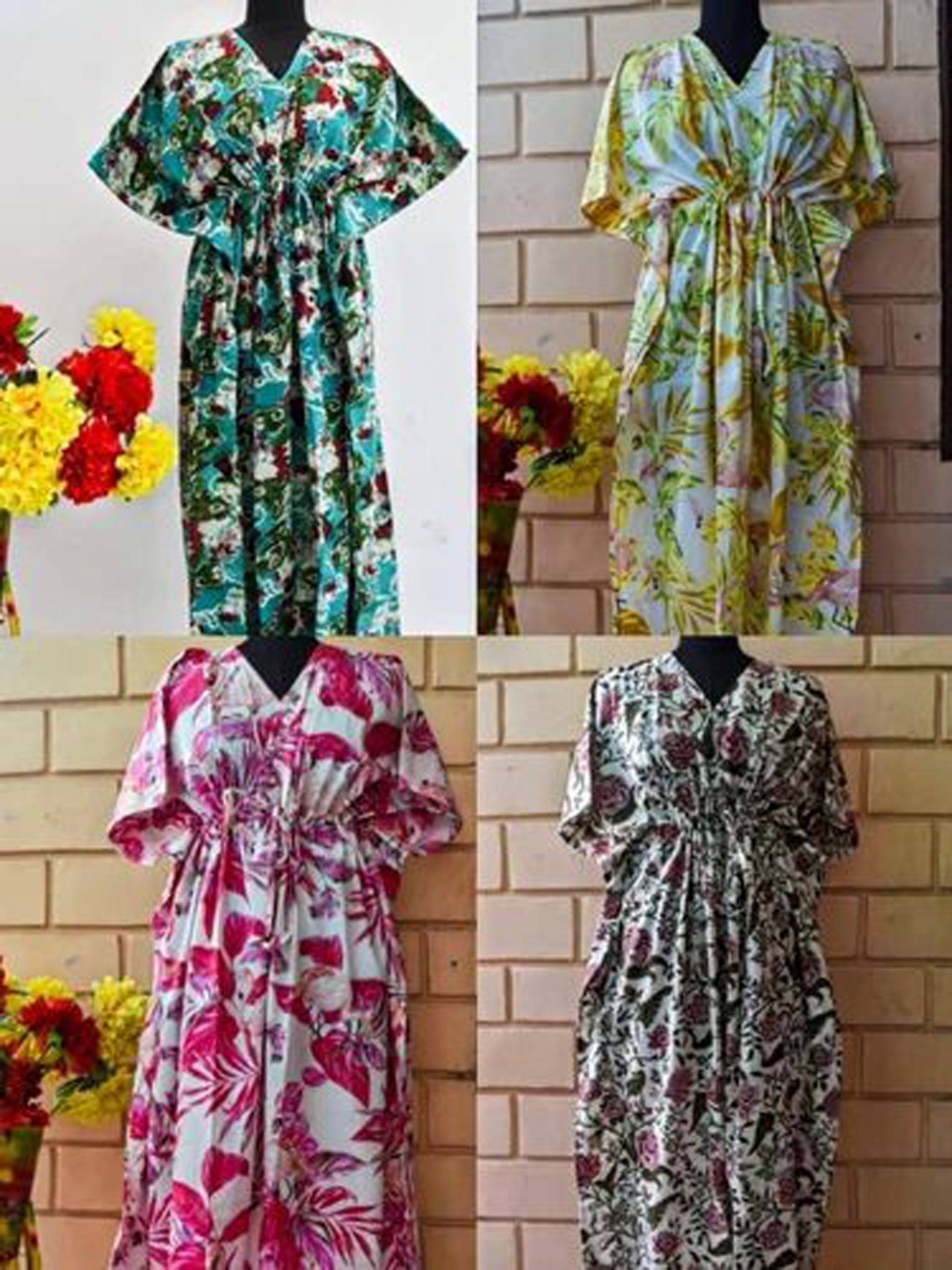 Printed Kaftan Night Wear - 100% Cotton Length 44-52 Inches Bust Size 34 Inches | Adjustable Drawstring Waist Floral Print Short Sleeves V Shape Neck