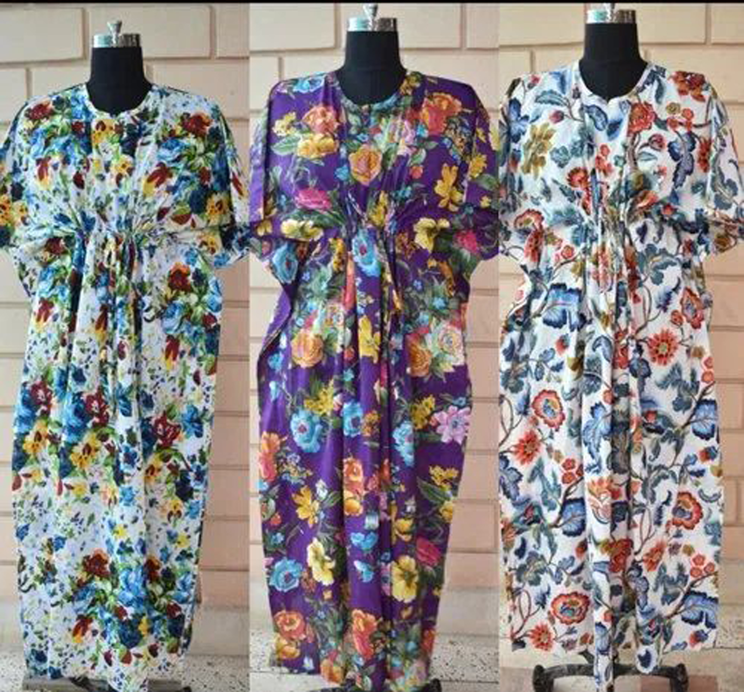 Kaftan Beach Wear - 100% Cotton Floral Print, Length 44-52 Inches, Adjustable Drawstring Waist, V-neckline, Versatile Cover-up & Lounge Wear