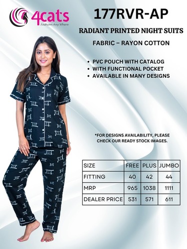 NIGHT SUIT - Cotton Fabric Printed Night Dress for Girls and Women, Short Sleeves, Comfortable Pyjamas, All Season Wear, Various Colors Available