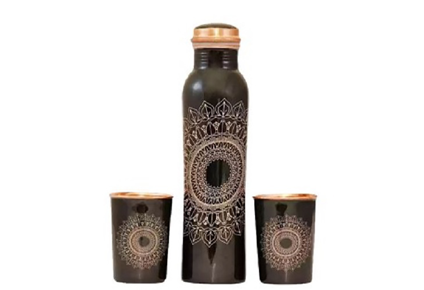 Copper Printed Bottle Set - Handcrafted Copper Bottle & Glass Set | Antimicrobial Design, Ergonomic Silhouette, Keeps Beverages Cold