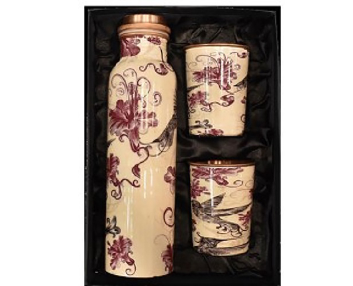 Copper Printed Bottles - Handcrafted Copper Bottle With Matching Glass , Ergonomic Design, Antimicrobial Properties, Keeps Beverages Cold For Hours